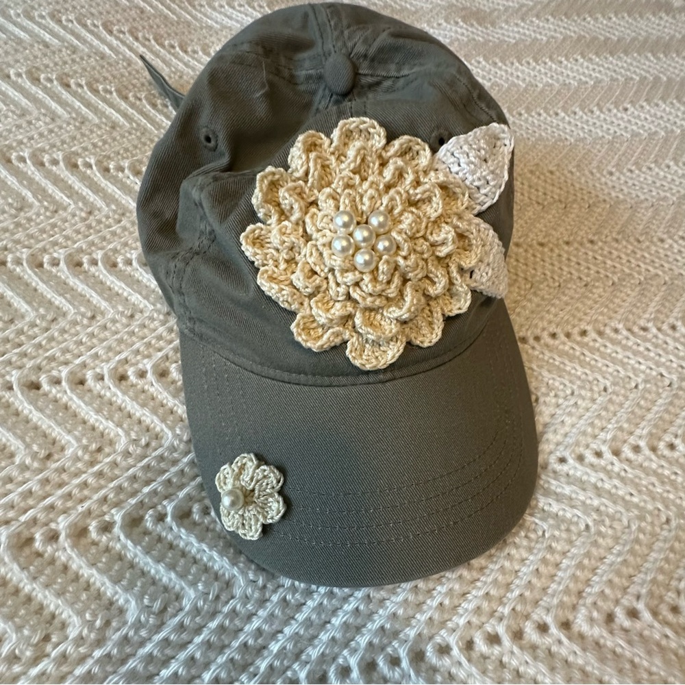 Upcycled Olive Cap with Hand Crochet Flower and Pearl Detail